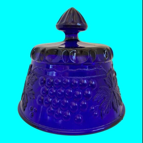 Vtg Mosser Glass Cobalt Blue Grape & Leaf Pattern Butter Dish Cover Only No Base - Picture 3 of 11